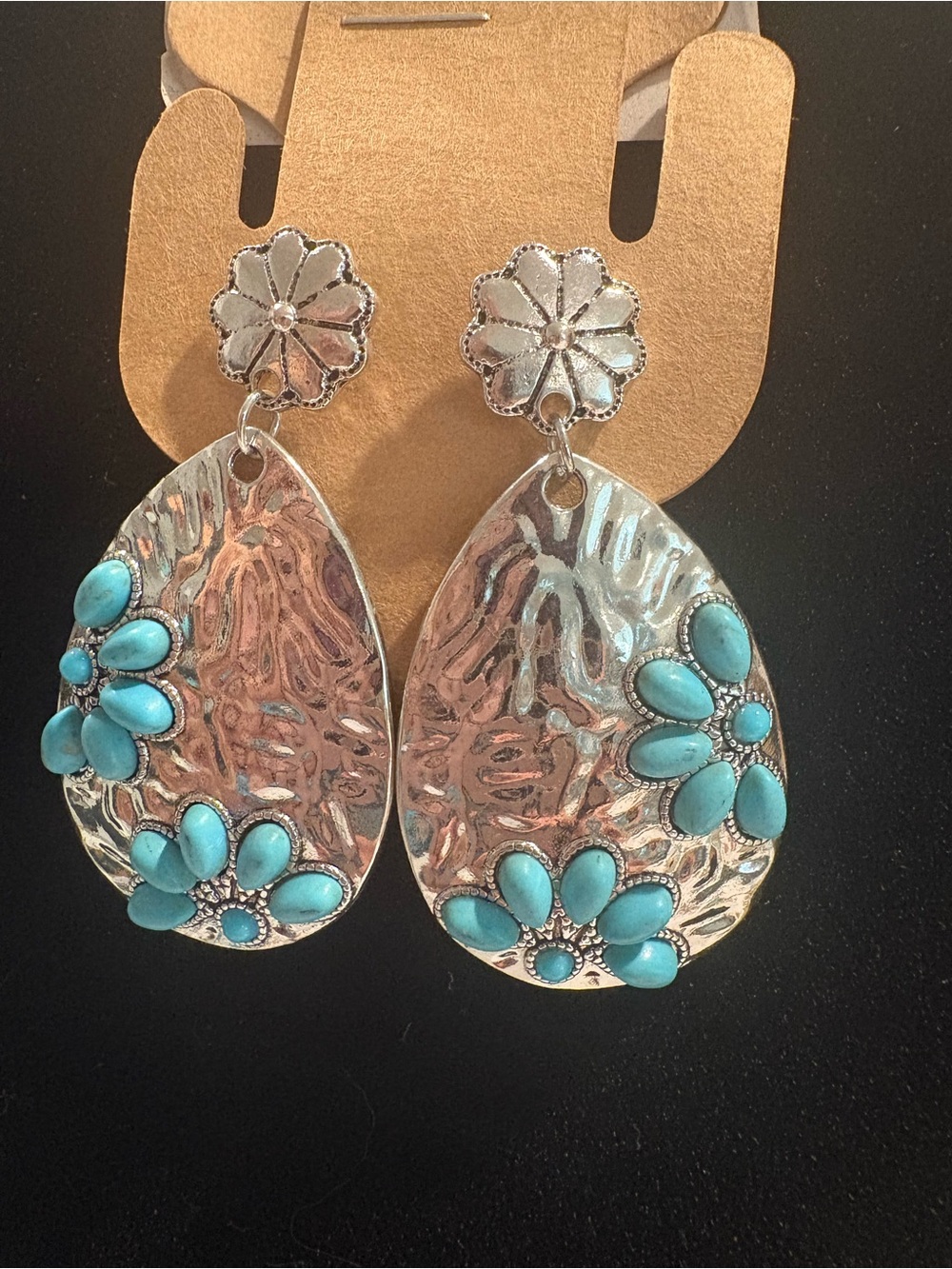 Silver Teardrop Earrings with Turquoise Floral Accents